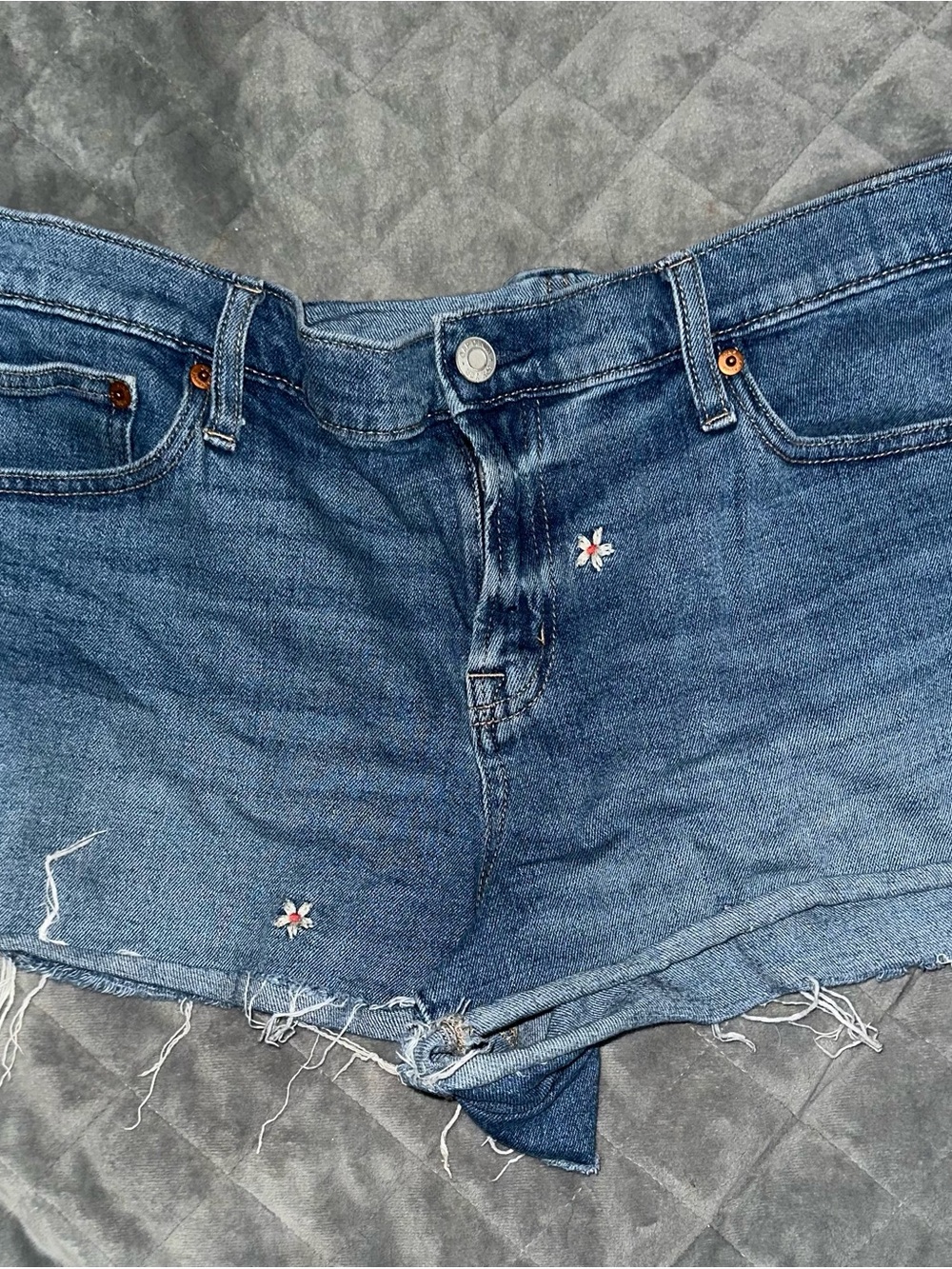 GAP Blue Denim Distressed Cutoff Shorts with Petite Floral Embroidery